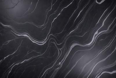 The primary subject of the image is a marble countertop with a black and white pattern. The setting is a kitchen, and the visual style is a close-up of the marble countertop. The colors and mood of the image are predominantly black and white, giving it a classic and elegant appearance.