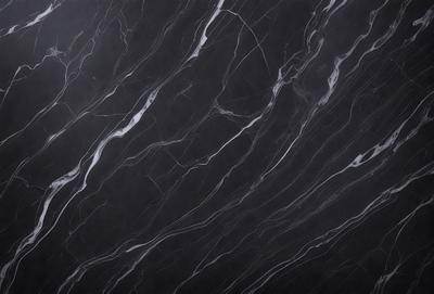 The primary subject of the image is a black marble countertop. The setting is a kitchen, with the countertop being the main focus of the scene. The visual style is a close-up of the marble countertop, showcasing its texture and pattern. The colors and mood of the image are dark and moody, with the black marble countertop being the dominant color.