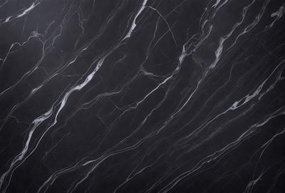 The primary subject of the image is a marble countertop with a black and white pattern. The setting is a kitchen, and the visual style is a close-up of the marble countertop. The colors and mood of the image are predominantly black and white, giving it a classic and elegant appearance.