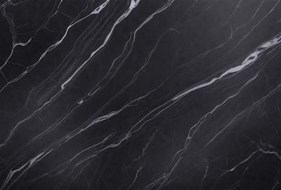 The primary subject of the image is a marble countertop with a black and white pattern. The setting is a kitchen, and the visual style is a close-up of the marble countertop. The colors and mood of the image are predominantly black and white, giving it a classic and elegant appearance.