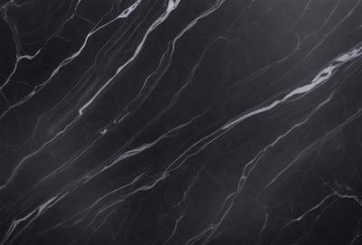 The primary subject of the image is a marble countertop with a black and white pattern. The setting is a kitchen, and the visual style is a close-up of the marble countertop. The colors and mood of the image are predominantly black and white, giving it a classic and elegant appearance.