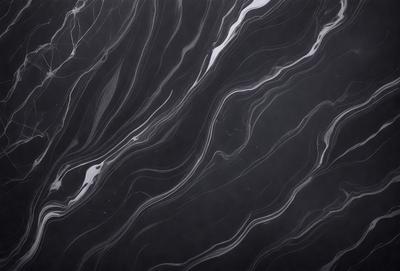 The primary subject of the image is a black and white marble pattern. The setting is a dark background, which contrasts with the marble pattern. The visual style is a close-up of the marble pattern, showcasing its intricate details. The colors and mood of the image are predominantly dark, with the marble pattern being the main focus and source of visual interest.