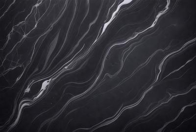 The primary subject of the image is a black and white marble pattern. The setting is a dark background, which contrasts with the marble pattern. The visual style is a close-up of the marble pattern, showcasing its intricate details. The colors and mood of the image are predominantly dark, with the marble pattern being the main focus and source of visual interest.