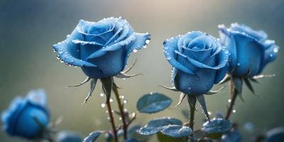 The primary subject of the image is a pair of blue roses. They are placed in a grassy field, with a sunny day creating a bright and cheerful atmosphere. The visual style of the image is a photo, capturing the beauty of the roses and their surroundings. The colors and mood of the image are predominantly blue, with the blue roses being the main focus and the sunny day adding warmth to the scene.