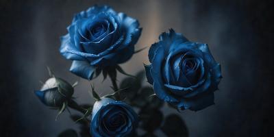 The primary subject of the image is a bouquet of three blue roses. The setting is a dark room, and the visual style appears to be a photo. The dominant colors are blue and purple, creating a calm and serene atmosphere.