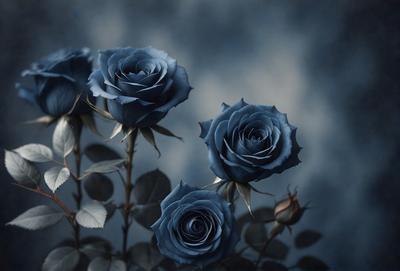 The primary subject of the image is a bouquet of three blue roses. The setting is a dark, blue background, which creates a moody and dramatic atmosphere. The visual style is a close-up of the flowers, emphasizing their vibrant blue color. The overall mood of the image is serene and captivating.