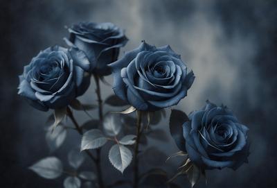 The primary subject of the image is a bouquet of three blue roses. The setting is a dark, cloudy sky, which creates a moody atmosphere. The visual style is a close-up of the flowers, emphasizing their vibrant blue color. The overall mood of the image is serene and dramatic, with the contrast between the blue roses and the dark sky.