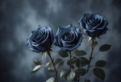 The primary subject of the image is a bouquet of three blue roses. The setting is a dark background, which creates a dramatic and moody atmosphere. The visual style is a photo, capturing the beauty of the blue roses in their natural environment. The colors and mood of the image are predominantly dark and mysterious, with the blue roses standing out as the focal point.