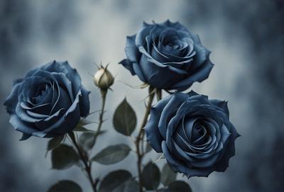 The primary subject of the image is a bouquet of three blue roses. The setting is a dark background, which creates a dramatic and moody atmosphere. The visual style is a close-up of the flowers, emphasizing their details and beauty. The colors and mood of the image are predominantly dark and mysterious, with the blue roses standing out as the focal point.
