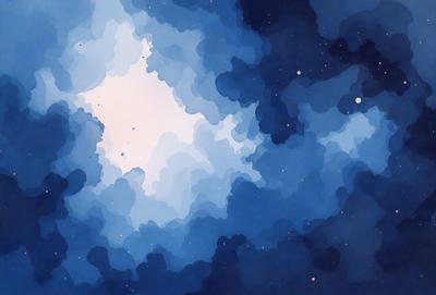 The primary subject of the image is a blue and white cloudy sky. The setting is a nighttime scene with a dark blue background. The visual style is a combination of a photo and a digital art illustration. The colors and mood of the image are predominantly dark and moody, with the blue and white clouds creating a dramatic and atmospheric scene.