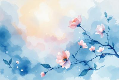 The primary subject of the image is a branch with pink flowers on it. The setting is a blue sky, and the visual style is a watercolor painting. The dominant colors are pink and blue, creating a serene and calming atmosphere.