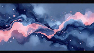The primary subject of the image is a painting of a pink and blue swirl, which appears to be a digital art piece. The setting is a blue background, and the visual style is a combination of digital art and illustration. The dominant colors in the painting are pink and blue, creating a vibrant and lively atmosphere.