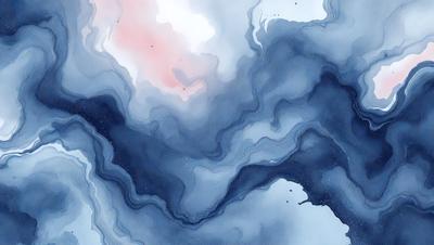 The primary subject of the image is a blue and white painting of a cloudy sky. The setting is a cloudy sky, and the visual style is a painting. The dominant colors are blue and white, creating a calm and serene atmosphere.