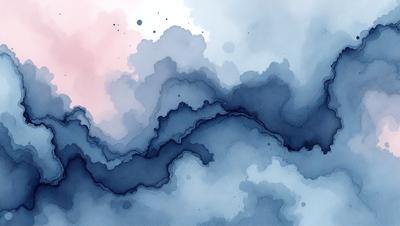 The primary subject of the image is a blue and white watercolor painting of a cloudy sky. The setting is a cloudy sky, and the visual style is a watercolor painting. The dominant colors are blue and white, and the overall atmosphere is serene and calming.