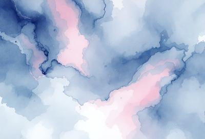 The primary subject of the image is a cloudy sky with a blue background. The visual style appears to be a watercolor painting, giving the scene a vibrant and artistic touch. The colors and mood of the image are predominantly blue and pink, creating a sense of tranquility and beauty.