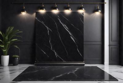 The primary subject of the image is a large black marble wall. The setting is a room with a black background, and the visual style is a photo. The dominant colors are black and white, creating a sleek and modern atmosphere.