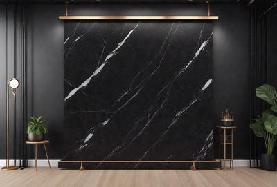 The primary subject of the image is a large black marble wall. The setting is a room with a black background, and the visual style is a photo. The dominant colors are black and white, creating a modern and sophisticated atmosphere.