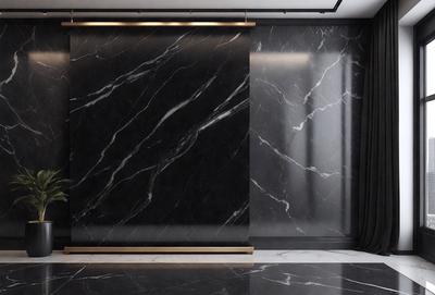 The primary subject of the image is a marble wall with a black marble pattern. The setting is a room with a black marble floor, and the visual style is a photo. The colors and mood of the image are predominantly black and white, giving it a classic and elegant appearance.