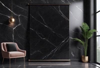 The primary subject of the image is a black marble wall with a mirror hanging on it. The setting is a room with a chair placed in front of the wall. The visual style is a photo, and the colors and mood are dark and moody, with the black marble wall and mirror creating a dramatic and elegant atmosphere.