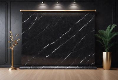 The primary subject of the image is a large black marble wall. The setting is a room with a wooden floor, and the visual style is a photo. The dominant colors are black and white, creating a sleek and modern atmosphere.