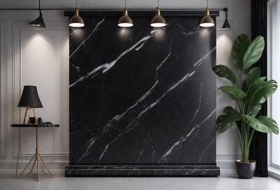 The primary subject of the image is a large black marble wall. The setting is a room with a black and white marble wall, and the visual style is a photo. The colors and mood of the image are predominantly black and white, giving it a modern and sophisticated appearance.