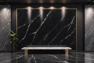 The primary subject of the image is a black marble bench. The setting is a room with a black marble wall behind the bench. The visual style is a photo, and the colors and mood are dark and moody.