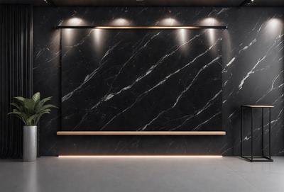 The primary subject of the image is a large black marble wall with a patterned design. The setting is a room with a black background, and the visual style appears to be a photo. The colors and mood of the image are dark and dramatic, with the black marble wall serving as the focal point.