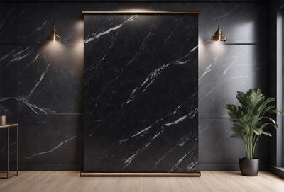 The primary subject of the image is a large black marble wall. The setting is a room with a wooden floor, and the visual style is a photo. The dominant colors are black and white, creating a sleek and modern atmosphere.