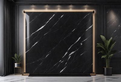The primary subject of the image is a black marble wall. The setting is a room with a black marble wall as the main focus. The visual style is a photo, and the colors and mood are dark and moody.