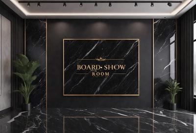 The primary subject of the image is a sign that reads "Board Show Room." The setting is a room with a black marble countertop, and the visual style appears to be a photo. The colors and mood of the image are predominantly black, giving it a sleek and modern appearance.