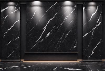 The primary subject of the image is a marble wall with a black background. The setting is a room with a black marble floor. The visual style is a photo, and the colors and mood are dark and moody.