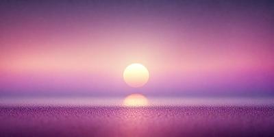 The primary subject of the image is a sunset, with the sun appearing as a bright, round, and pink object in the sky. The setting is a vast, open space with a purple background, which adds a sense of depth and tranquility to the scene. The visual style is a combination of photo and digital art, creating a unique and captivating representation of the sunset. The colors and mood of the image are predominantly purple and pink, evoking a sense of calmness and seren