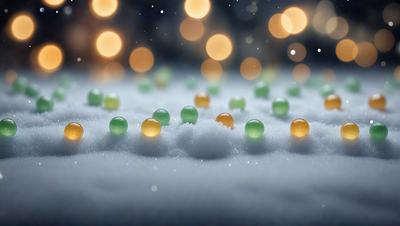 The primary subject of the image is a snowy surface with a pattern of green and yellow balls scattered across it. The setting appears to be a winter landscape, possibly a snowy field or a snow-covered ground. The visual style of the image is a combination of photo and digital art, creating a unique and eye-catching pattern. The dominant colors in the image are green and yellow, which give the scene a warm and inviting atmosphere.