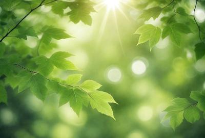 The primary subject of the image is a close-up of a leafy green tree with sunlight shining through the leaves. The setting is a lush green forest, and the visual style is a photo. The dominant colors are green and yellow, creating a warm and natural atmosphere.