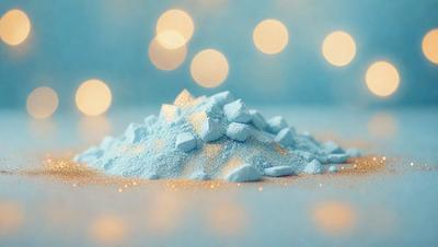 The primary subject of the image is a pile of blue glittery powder, which appears to be a blue substance with a sparkling effect. The setting is a blue background, which complements the blue substance. The visual style is a close-up of the blue substance, showcasing its unique texture and appearance. The colors and mood of the image are predominantly blue, with a touch of sparkling glitter, creating a visually appealing and captivating scene.