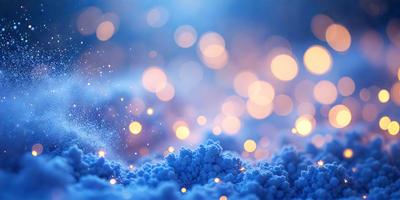 The primary subject of the image is a blue substance, possibly a powder or a liquid, that is being illuminated by a bright light. The setting appears to be a dark background, which contrasts with the blue substance and the light source. The visual style of the image is a combination of a photo and digital art, as it captures the light interacting with the blue substance in a visually appealing manner. The colors and mood of the image are predominantly blue, creating a sense of depth and