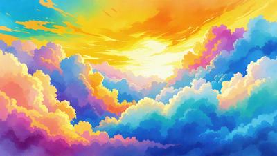 The primary subject of the image is a colorful, cloudy sky. The setting is a sunset, with the sun peeking through the clouds. The visual style is a digital art or illustration, creating a vibrant and lively atmosphere. The dominant colors are orange, blue, and yellow, which contribute to the warm and inviting mood of the scene.