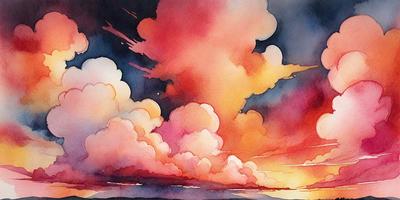The primary subject of the image is a cloudy sky with a pink and orange hue. The setting is a beach, with the ocean visible in the background. The visual style is a watercolor painting, giving the scene a vibrant and artistic appearance. The dominant colors are pink, orange, and blue, creating a warm and inviting atmosphere.