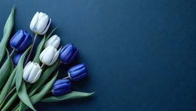The primary subject of the image is a bouquet of blue and white flowers. The flowers are arranged in a triangular shape, with three stems visible. The setting is a blue background, which creates a calm and serene atmosphere. The visual style is a close-up of the flowers, showcasing their beauty and details. The colors and mood of the image are predominantly blue and white, giving it a peaceful and elegant appearance.