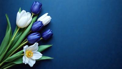 The primary subject of the image is a bouquet of white and blue flowers. The flowers are arranged in a vase, and they are placed against a blue background. The visual style of the image is a photo, capturing the beauty of the flowers and their surroundings. The colors and mood of the image are predominantly blue, creating a calm and serene atmosphere.