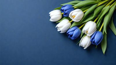 The primary subject of the image is a bouquet of white and blue flowers. The flowers are arranged in a vase, and they are placed on a blue surface, which could be a table or a wall. The visual style of the image is a photo, capturing the beauty of the flowers and their surroundings. The colors and mood of the image are predominantly blue, creating a calm and serene atmosphere.