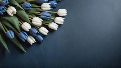 The primary subject of the image is a bouquet of white and blue flowers. The flowers are arranged in a vase, and they are placed on a blue surface, which could be a table or a wall. The visual style of the image is a photo, capturing the beauty of the flowers and their surroundings. The colors and mood of the image are predominantly blue, creating a calm and serene atmosphere.