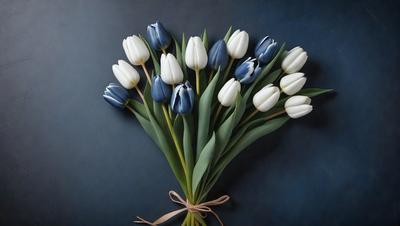The primary subject of the image is a bouquet of blue and white tulips. The bouquet is placed on a blue background, which adds a contrasting and visually appealing effect. The tulips are arranged in a vase, creating a beautiful and elegant display. The overall atmosphere of the image is serene and calming, with the blue and white tulips symbolizing tranquility and natural beauty.
