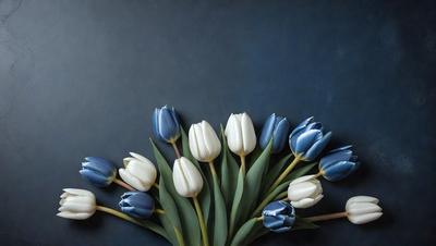 The primary subject of the image is a bouquet of white and blue tulips. The setting is a dark blue background, which creates a striking contrast with the vibrant colors of the flowers. The visual style is a close-up of the flowers, showcasing their details and textures. The colors and mood of the image are predominantly blue and white, giving it a calm and serene atmosphere.