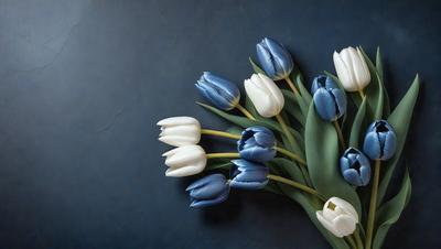 The primary subject of the image is a bouquet of blue and white tulips. The setting is a blue wall, which serves as the backdrop for the flowers. The visual style is a close-up of the flowers, showcasing their vibrant colors and details. The overall atmosphere is serene and elegant, as the blue and white tulips create a harmonious and visually pleasing display.