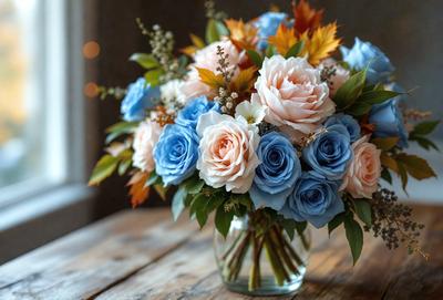 The primary subject of the image is a vase filled with a variety of flowers, including blue, pink, and orange ones. The vase is placed on a wooden table, which serves as the setting for the scene. The visual style of the image is a close-up of the vase, showcasing the beautiful arrangement of flowers. The colors and mood of the image are warm and inviting, with the blue, pink, and orange flowers creating a sense of freshness and natural beauty.