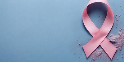 The primary subject of the image is a pink ribbon, which is the main focus of the scene. The ribbon is placed on a blue background, creating a visually appealing contrast. The image appears to be a digital art or illustration, as it is not a photo or a clipart. The dominant colors in the image are pink and blue, giving it a warm and inviting atmosphere.