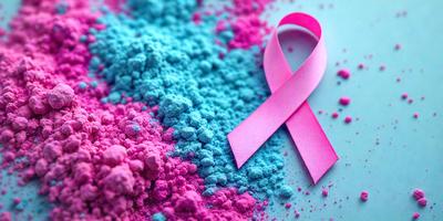The primary subject of the image is a pink ribbon, which is placed on a table. The setting is a table with a blue and pink background. The visual style is a close-up of the pink ribbon, and the colors and mood are predominantly pink and blue.