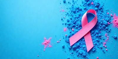 The primary subject of the image is a pink ribbon, which is the main focus of the scene. The ribbon is placed on a blue surface, creating a contrast between the two colors. The visual style of the image is a close-up of the pink ribbon, emphasizing its texture and details. The colors and mood of the image are predominantly pink and blue, with a sense of positivity and support for the cause represented by the ribbon.
