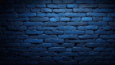 The primary subject of the image is a blue brick wall. The setting is a dark room, and the visual style is a photo. The dominant colors are blue and black, creating a moody atmosphere.